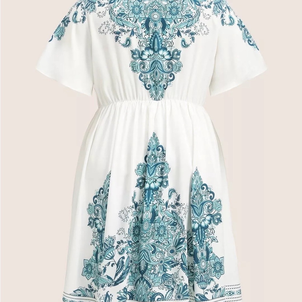 Bloom Chic White/Teal Bandana print VNeck Pocket Dress Plus Size 18/20(2X) Lined - Picture 2 of 5